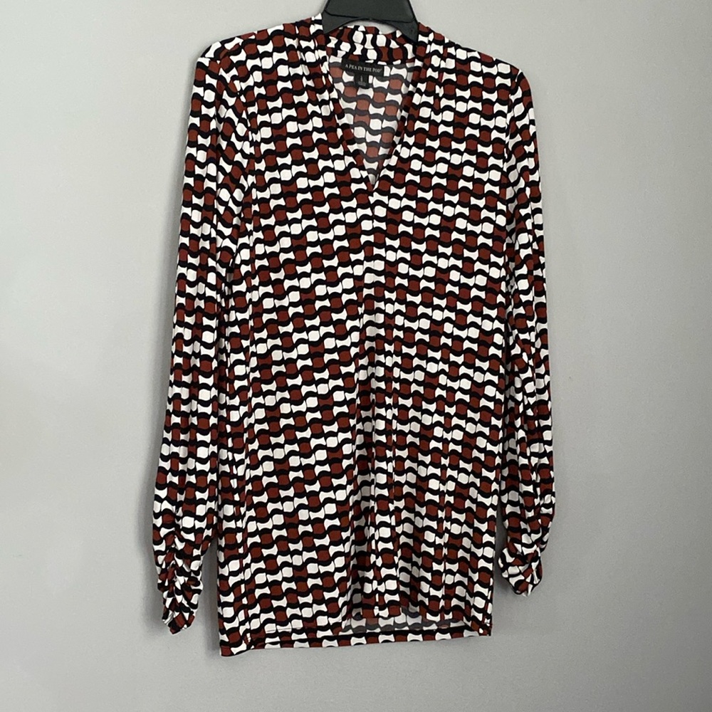 Brown and white patterned maternity blouse
